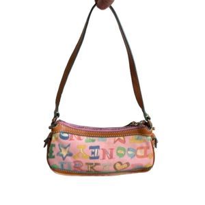 Dooney & Bourke Y2K Pink Doodle Print Shoulder Bag Rainbow Zipper Leather Trim